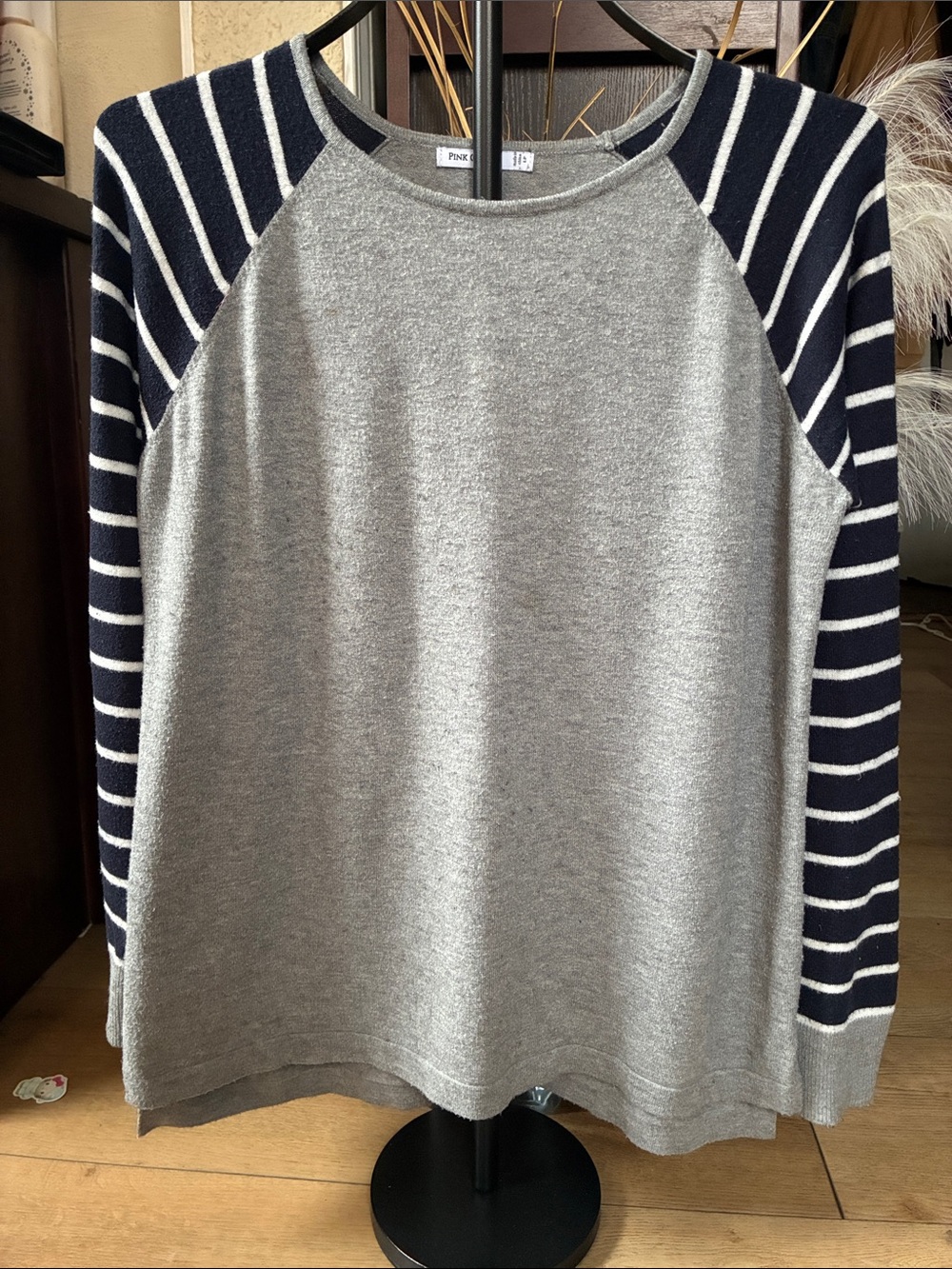 Women’s stitch fix brand Grey Raglan Sweater with Navy Stripe Sleeves